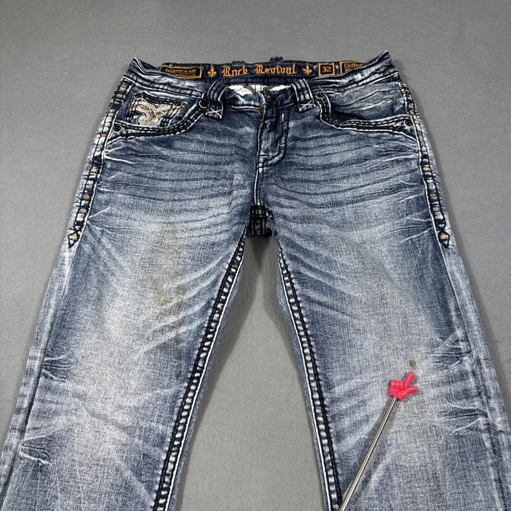 Men's 32 Rock Revival Jeans Clifford Straight 0855 WHISKERING THICKS STITCH